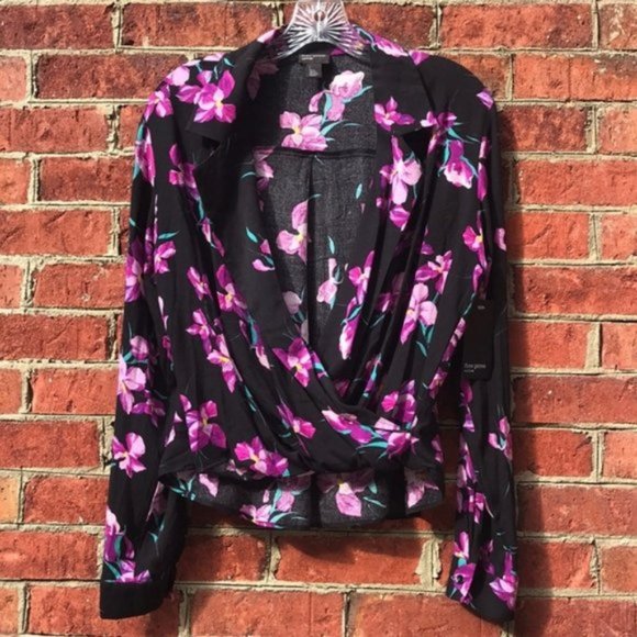 Black and Purple Floral Print Free Press Long Sleeve V-Neck Collared Blouse - Picture 3 of 15